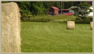 large roll of hay with house in the distance