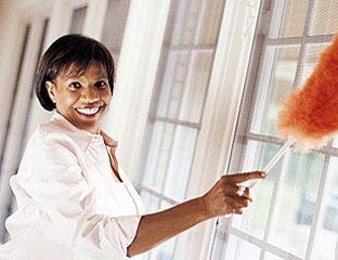 happy woman with feather duster
