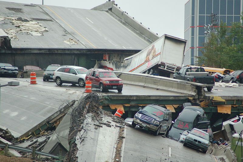 wreckage of fallen bridge