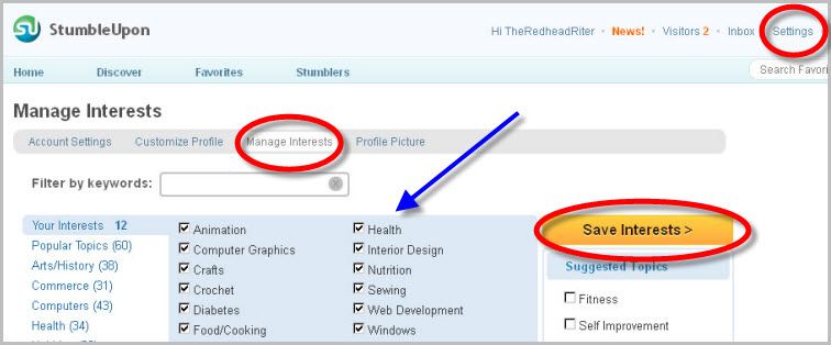 Manage Interests on StumbleUpon