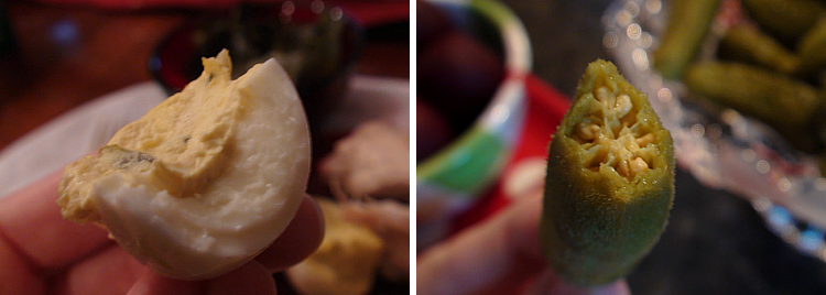 deviled eggs and pickled okra