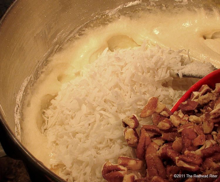 Combine coconut and pecans into batter