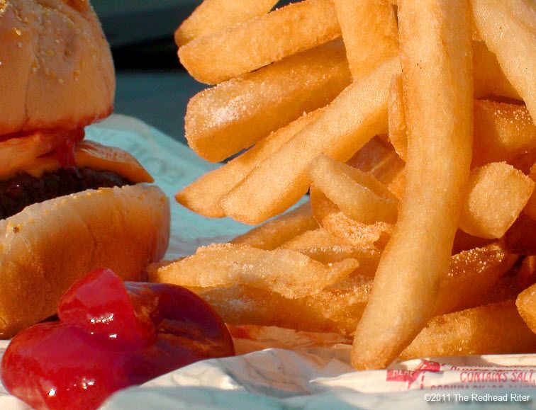 charbroiled hamburger and french fries