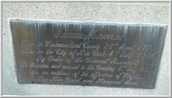 Plaque on the coffin of James Monroe